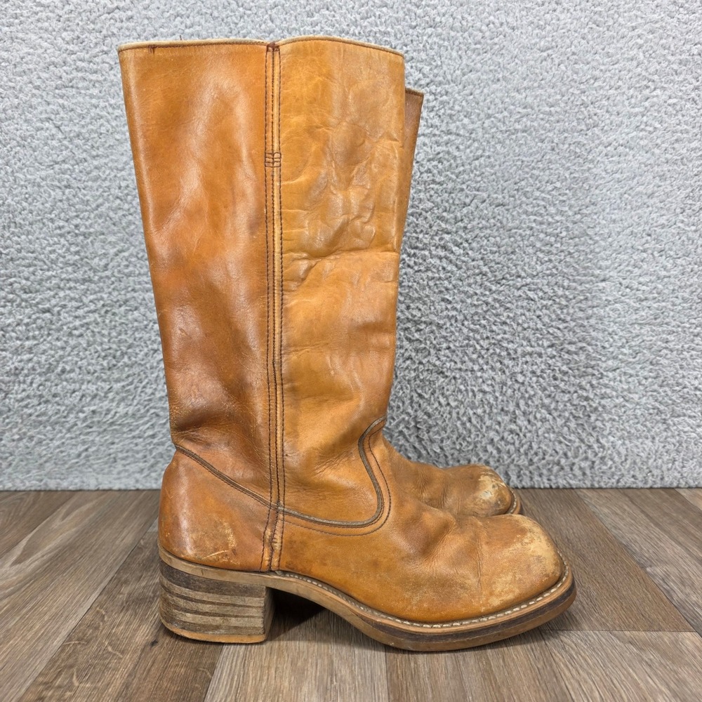 Vintage Thom McAn Tan Leather Tall Boots Square Toe Block Heel Women 7G B80136